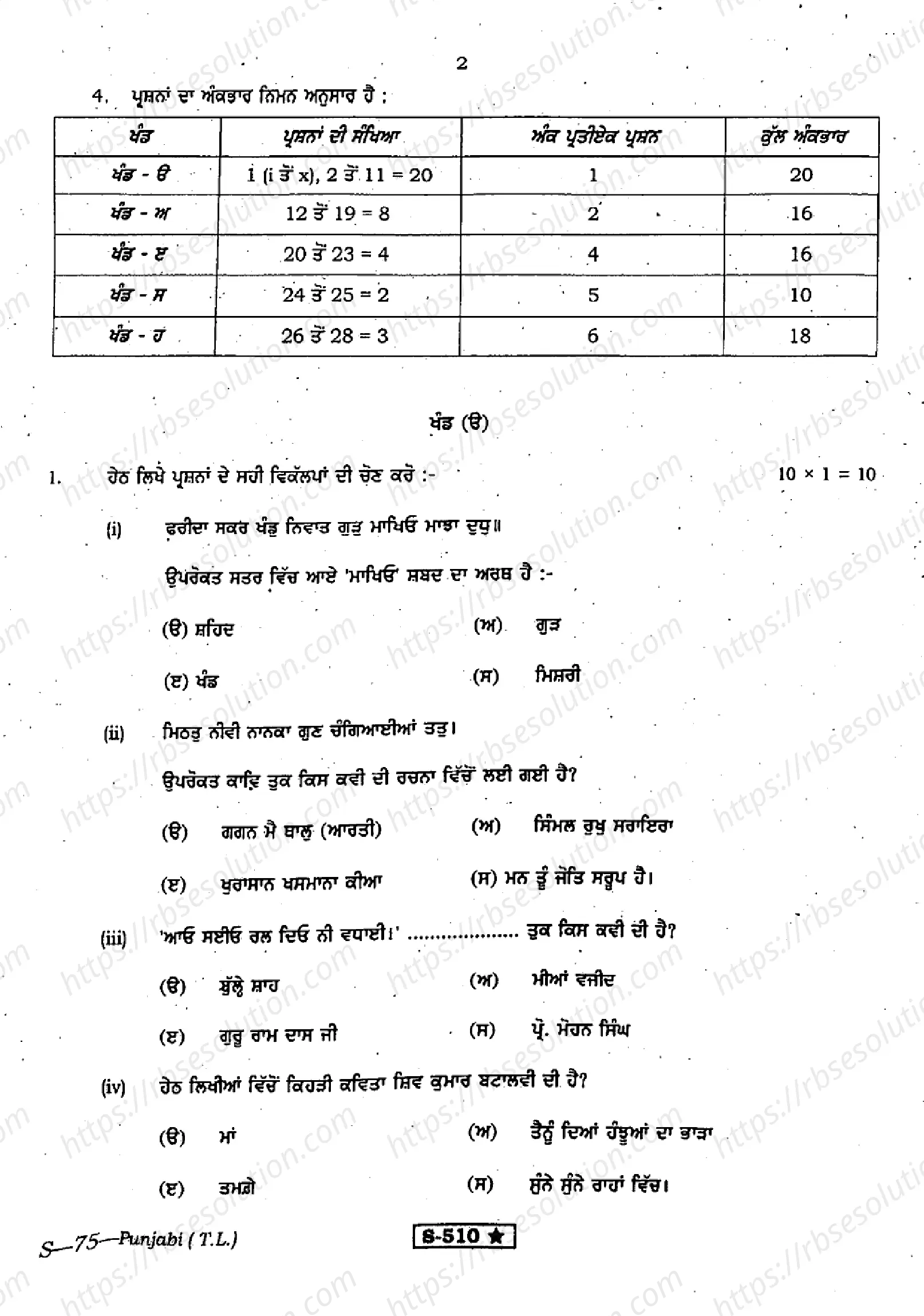 RBSE Class 10th 2021 Punjabi-S-75-2021 Previous Year Papers 1