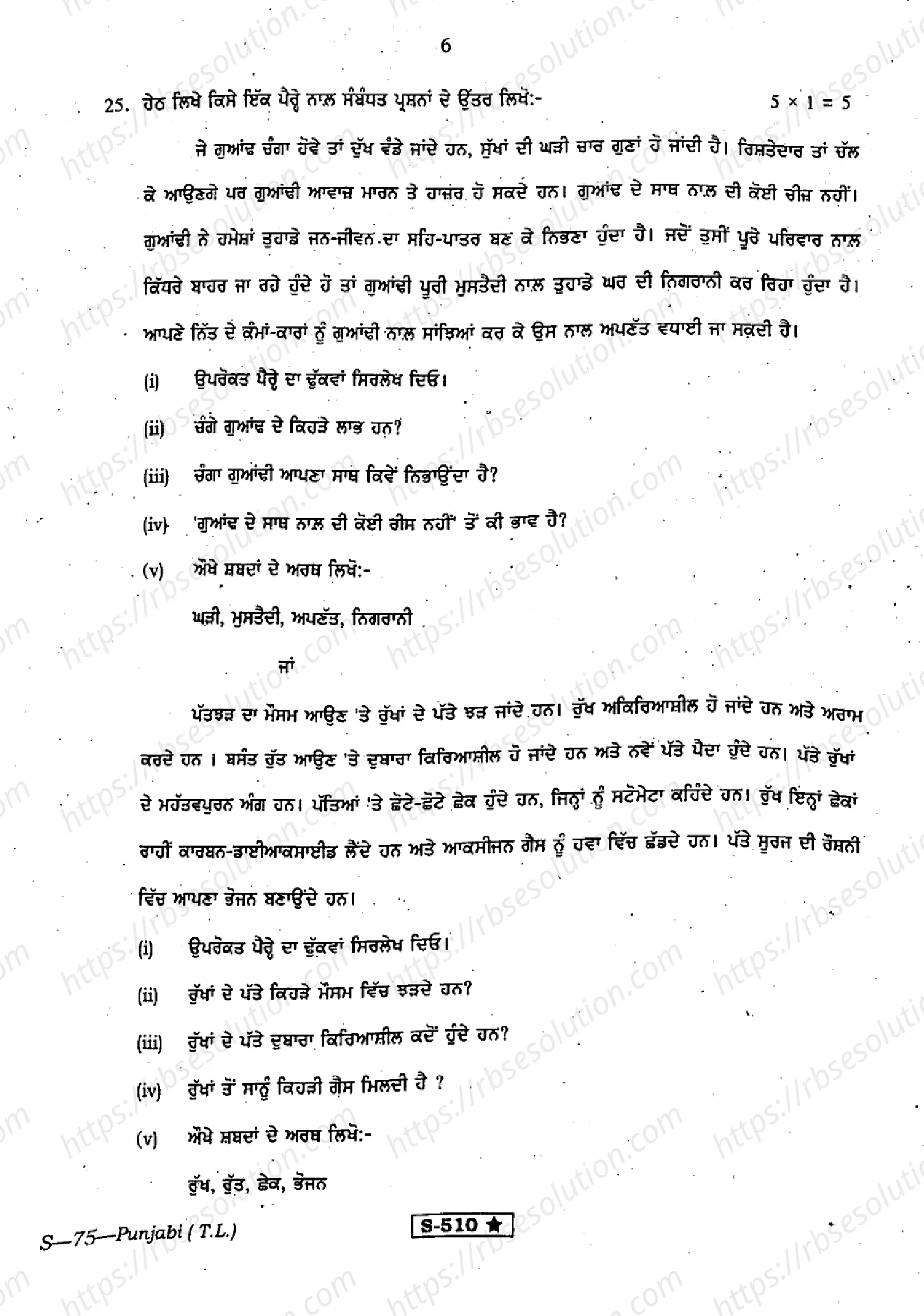 RBSE Class 10th 2021 Punjabi-S-75-2021 Previous Year Papers 5