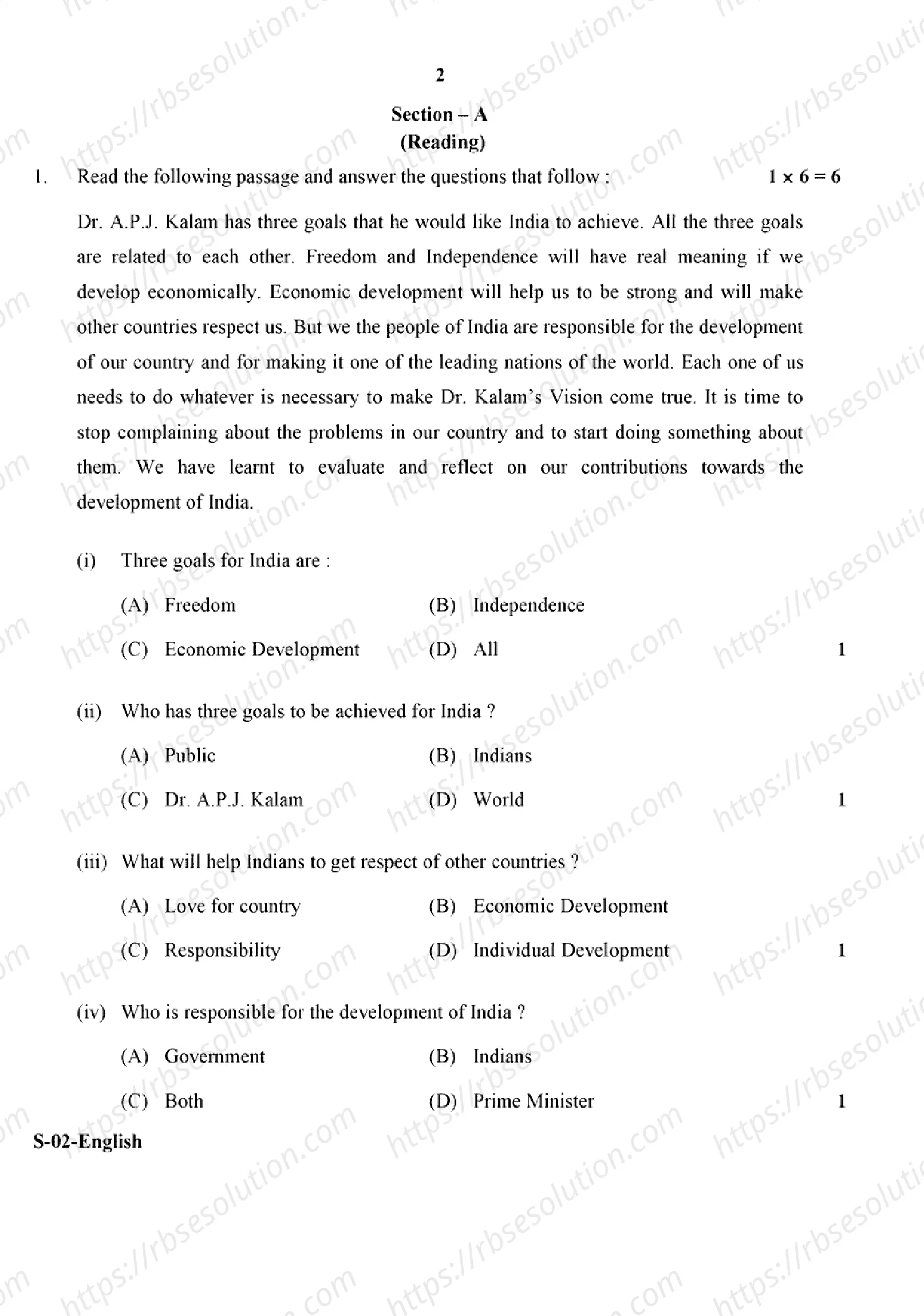 RBSE Class 10th 2024 English-S-02-2024 Previous Year Papers 1