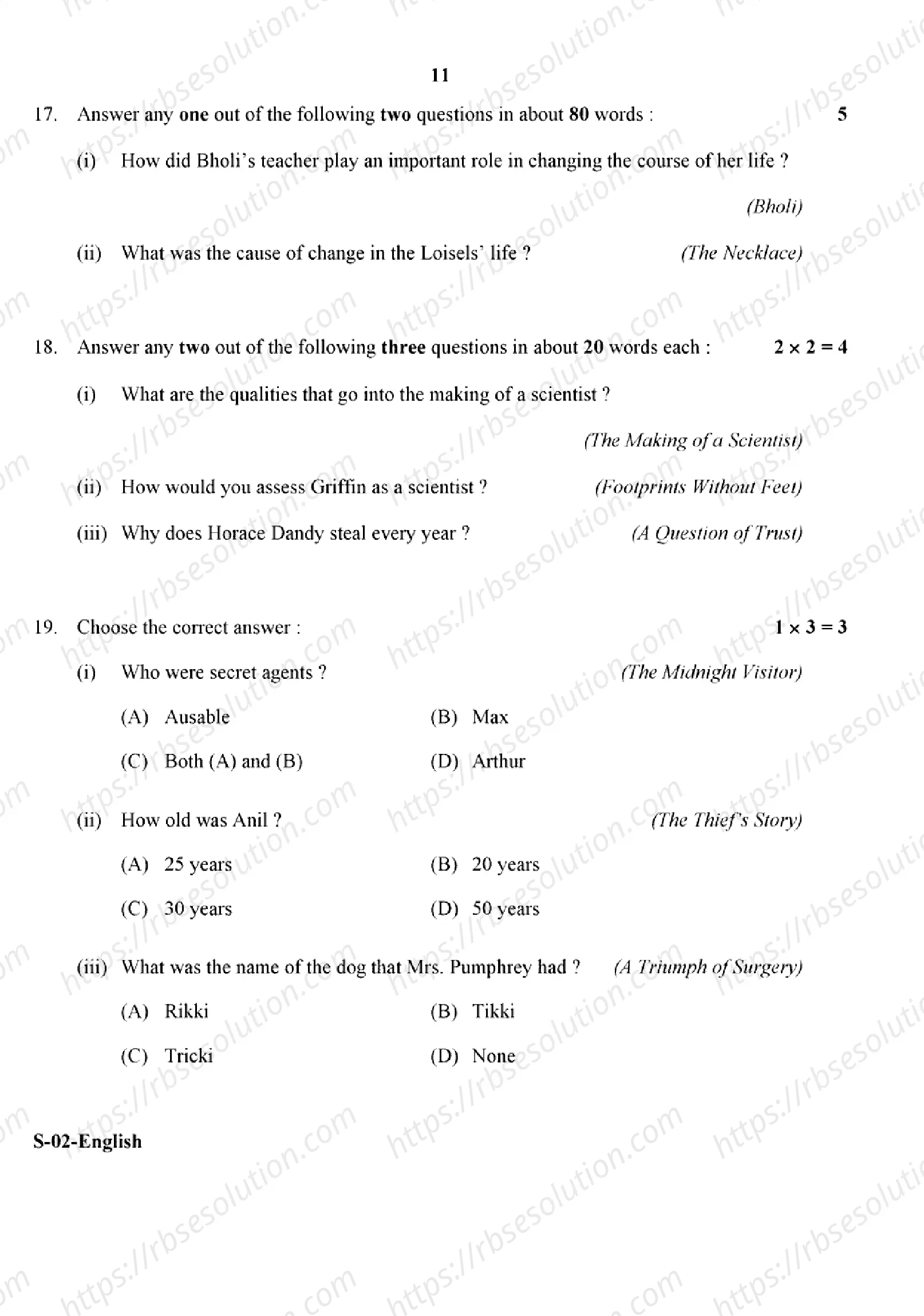 RBSE Class 10th 2024 English-S-02-2024 Previous Year Papers 10