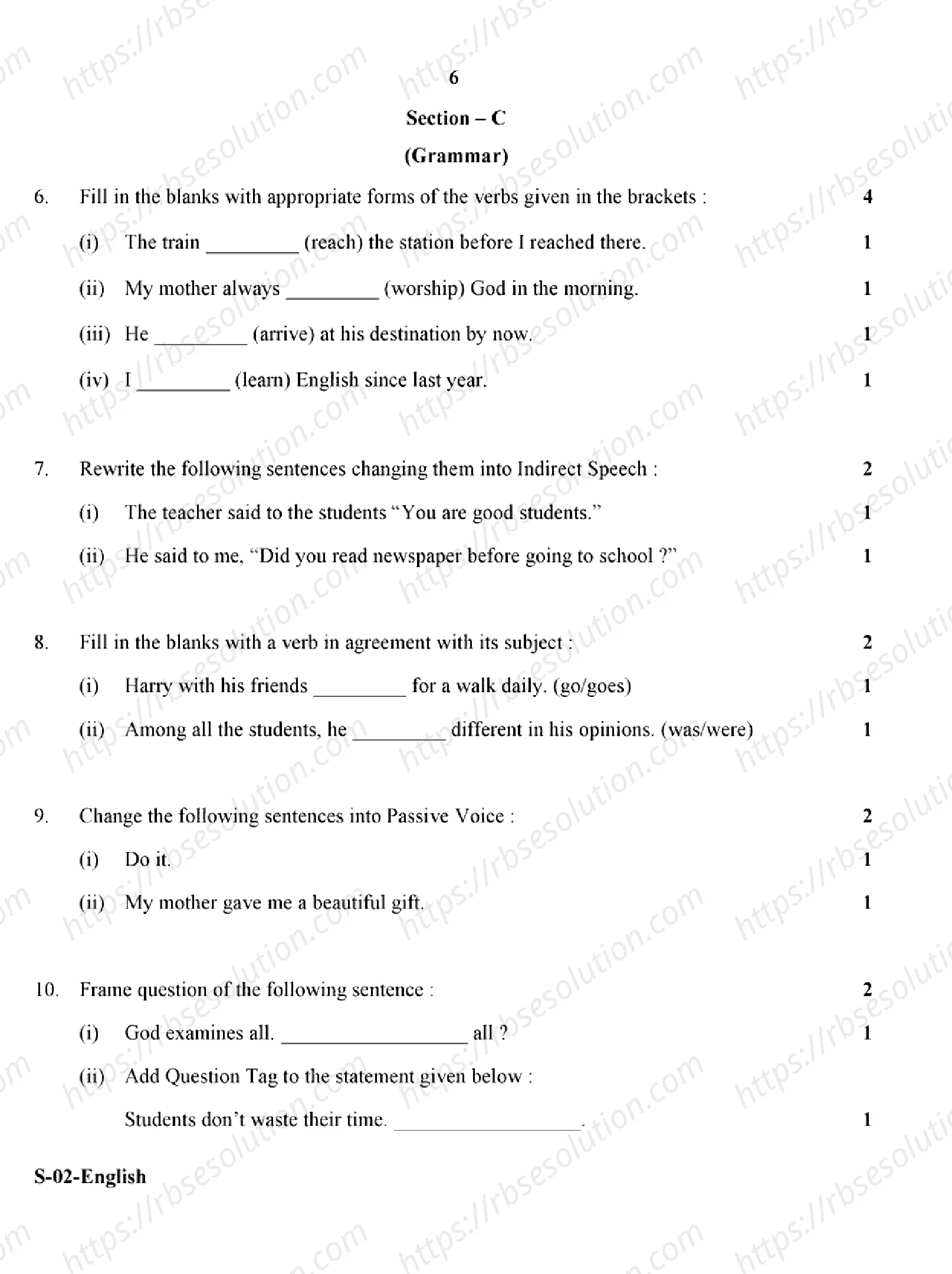 RBSE Class 10th 2024 English-S-02-2024 Previous Year Papers 5