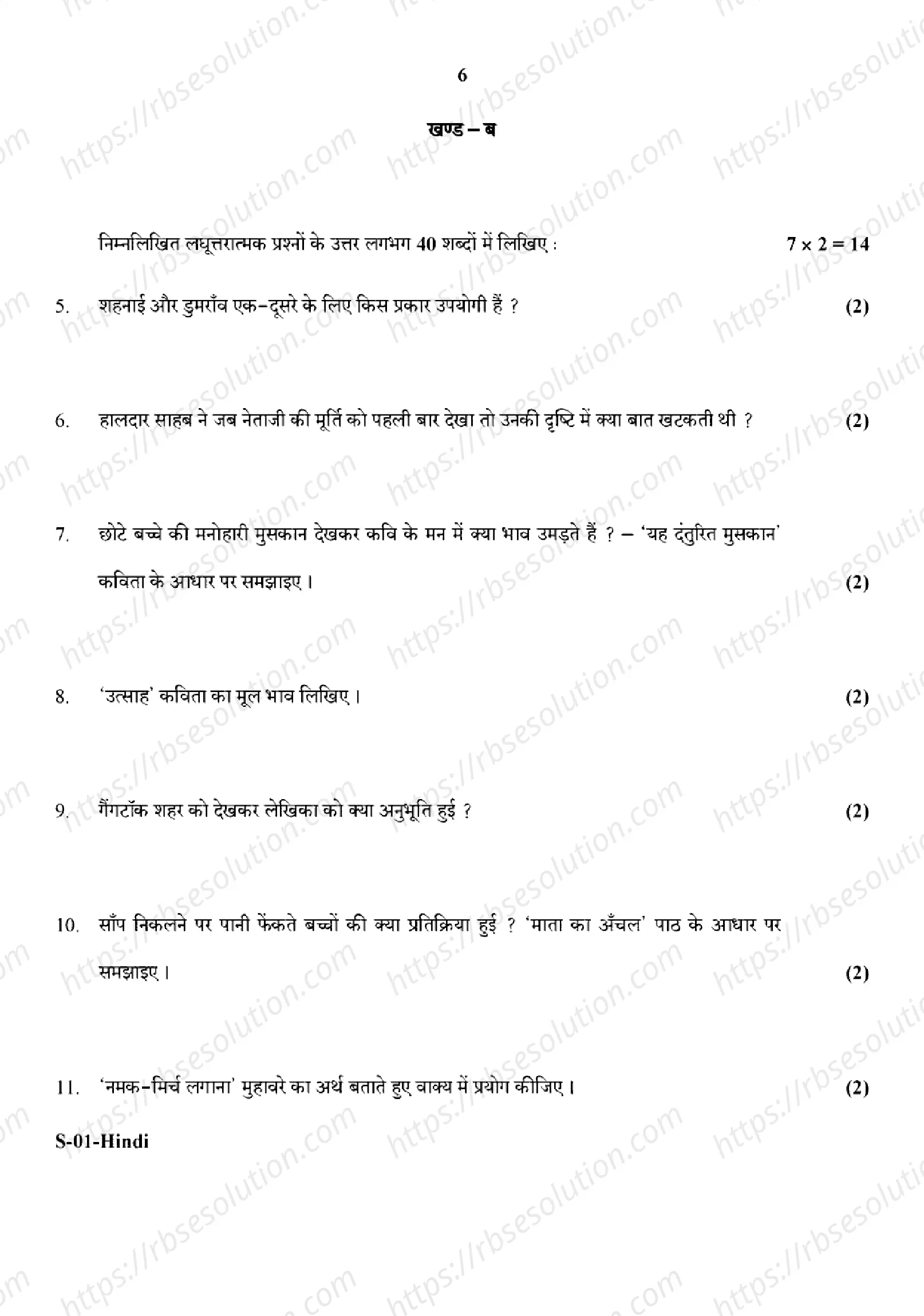 RBSE Class 10th 2024 Hindi-S-01-2024 Previous Year Papers 5