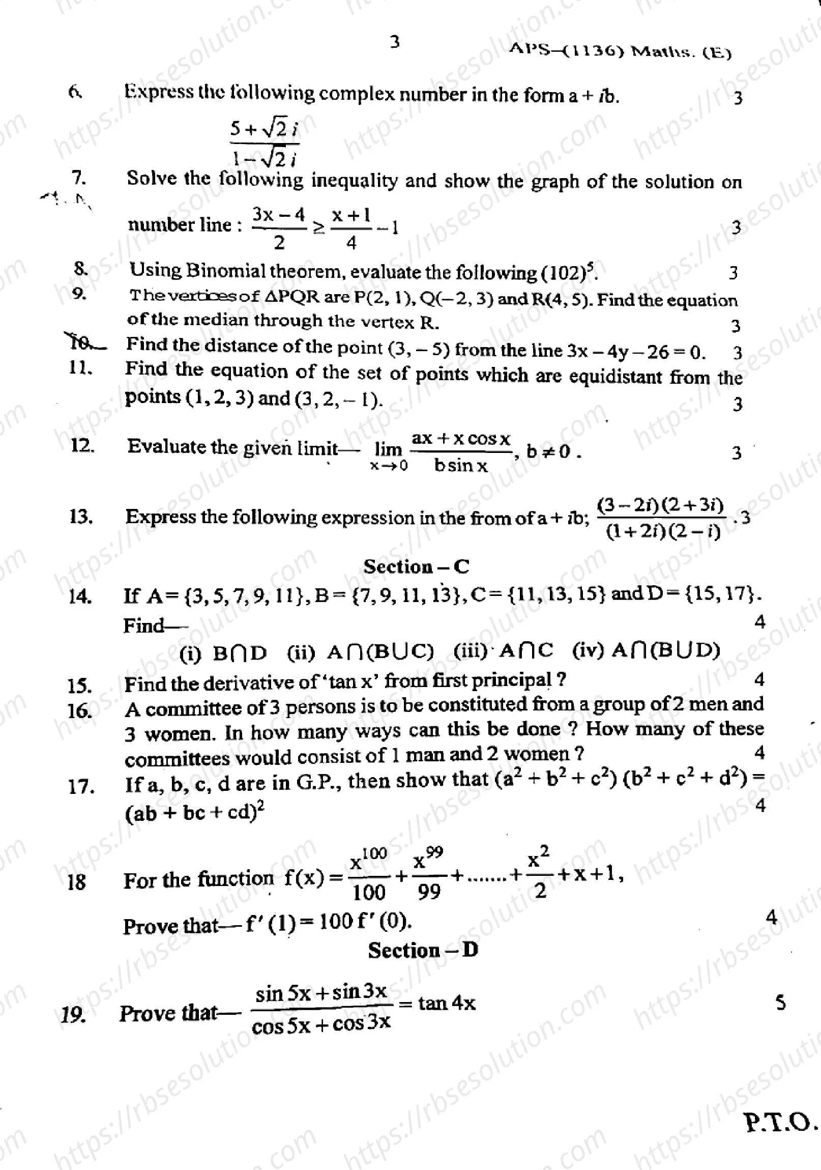 RBSE Class 11th 2024 Mathematics-APS (1136)-2024 Previous Year Papers 2