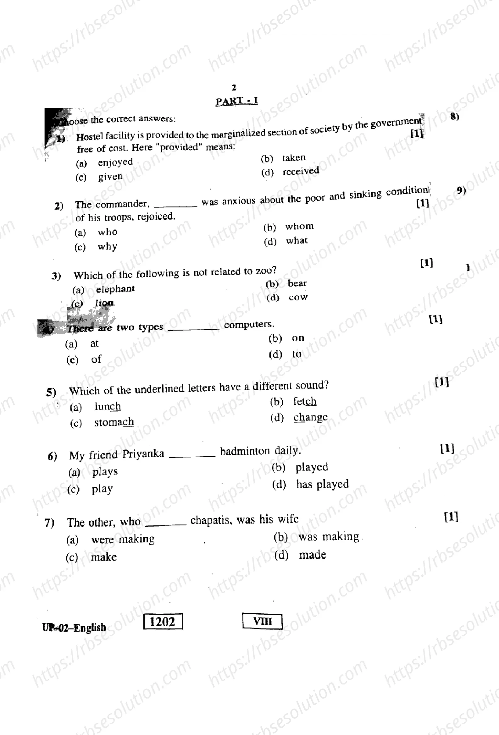 RBSE Class 8th 2018 English-UP-02-2018 Previous Year Papers 1