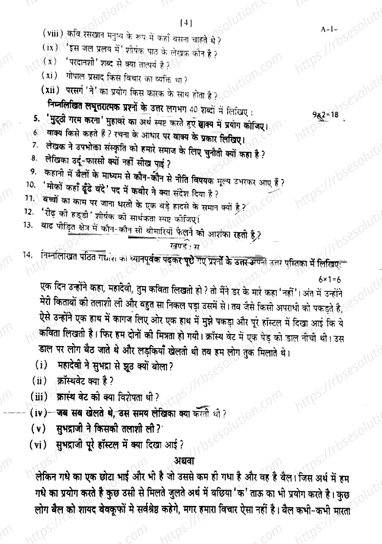 RBSE Class 9th 2024 Hindi-A-1-2024 Previous Year Papers 3