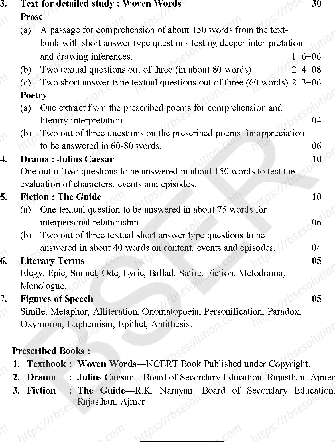 RBSE Class 11th 2025 English Literature Syllabus 1
