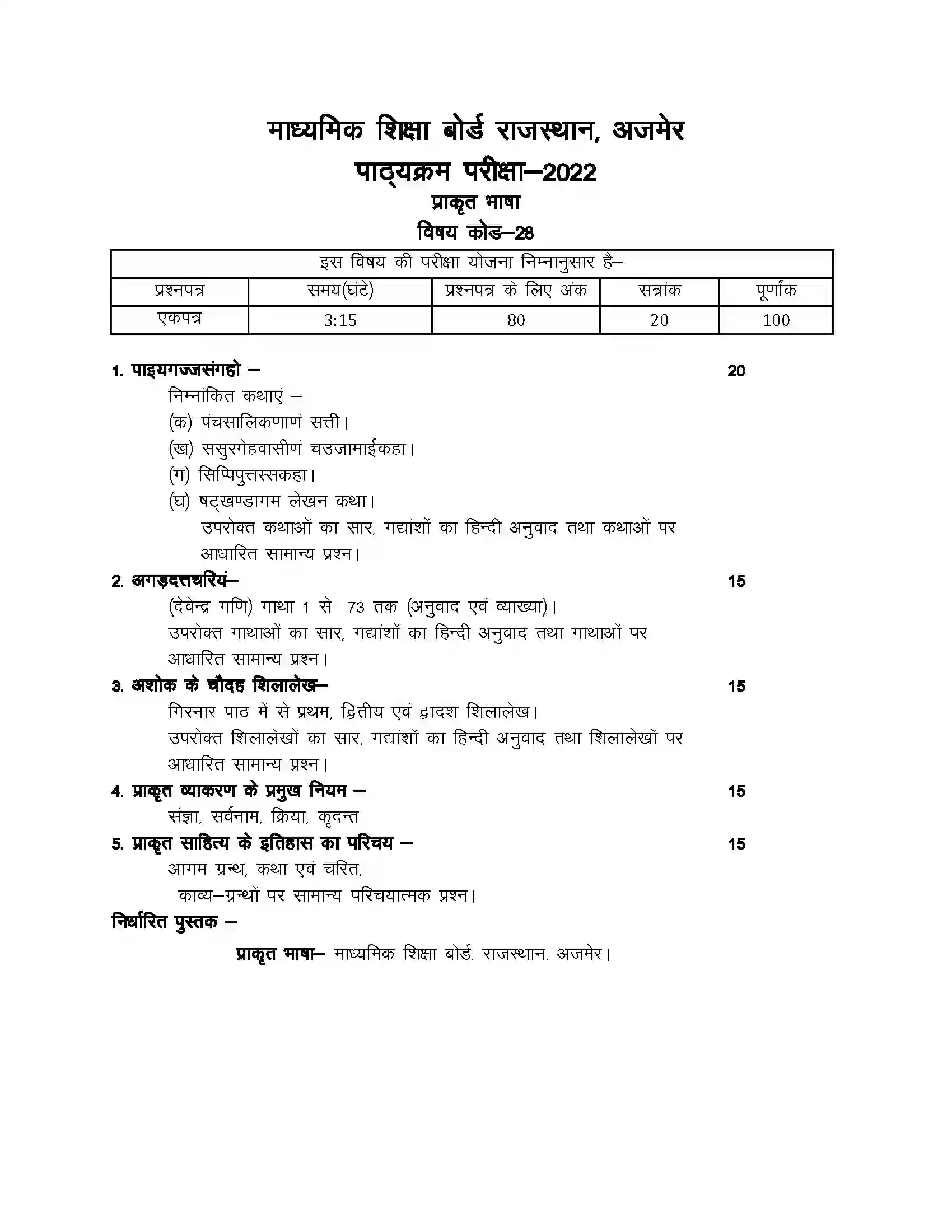 RBSE Class 12th 2022 प्राकृत भाषा Syllabus- Syllabus 1