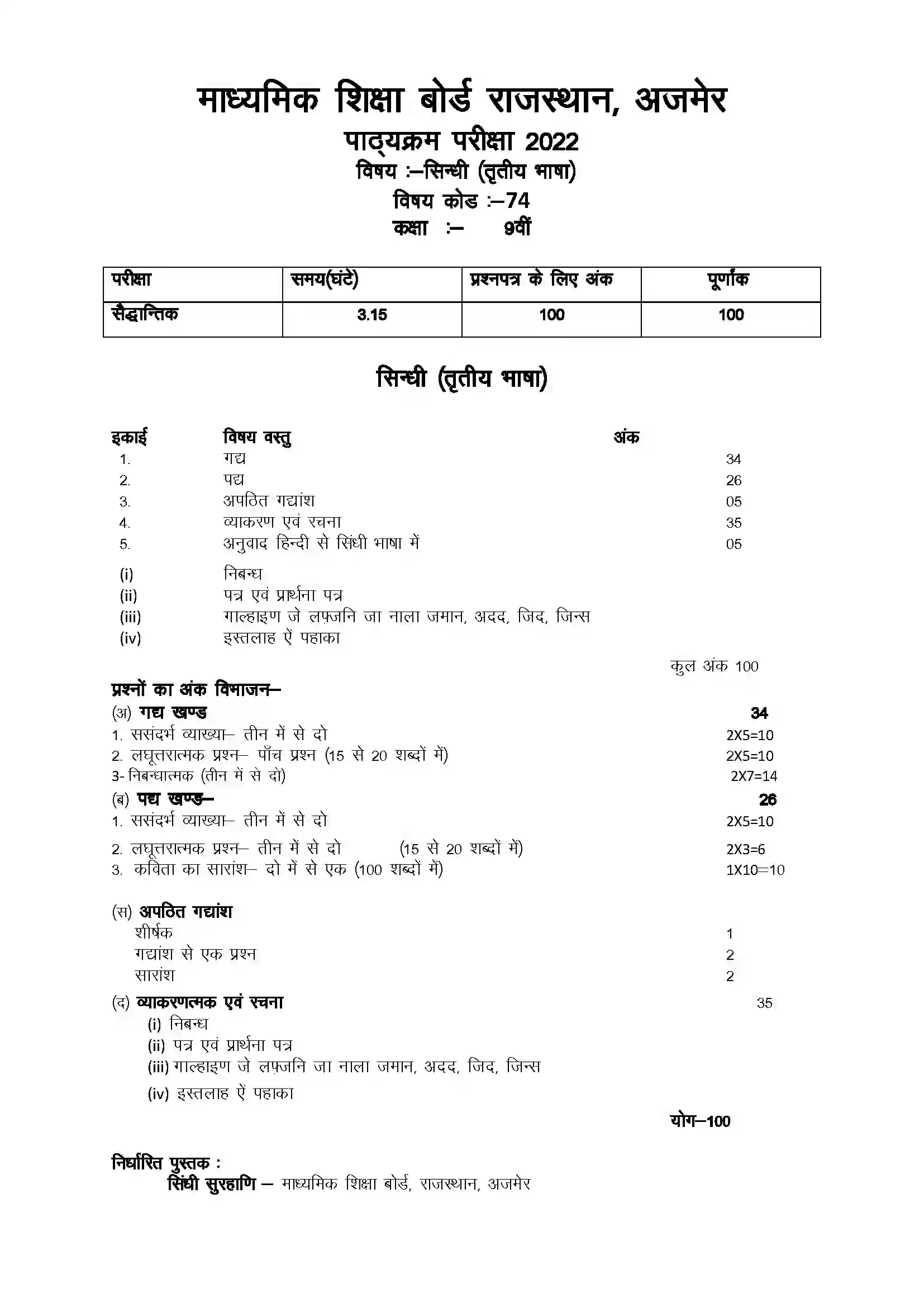 RBSE Class 9th 2022 Sindhi Syllabus 1
