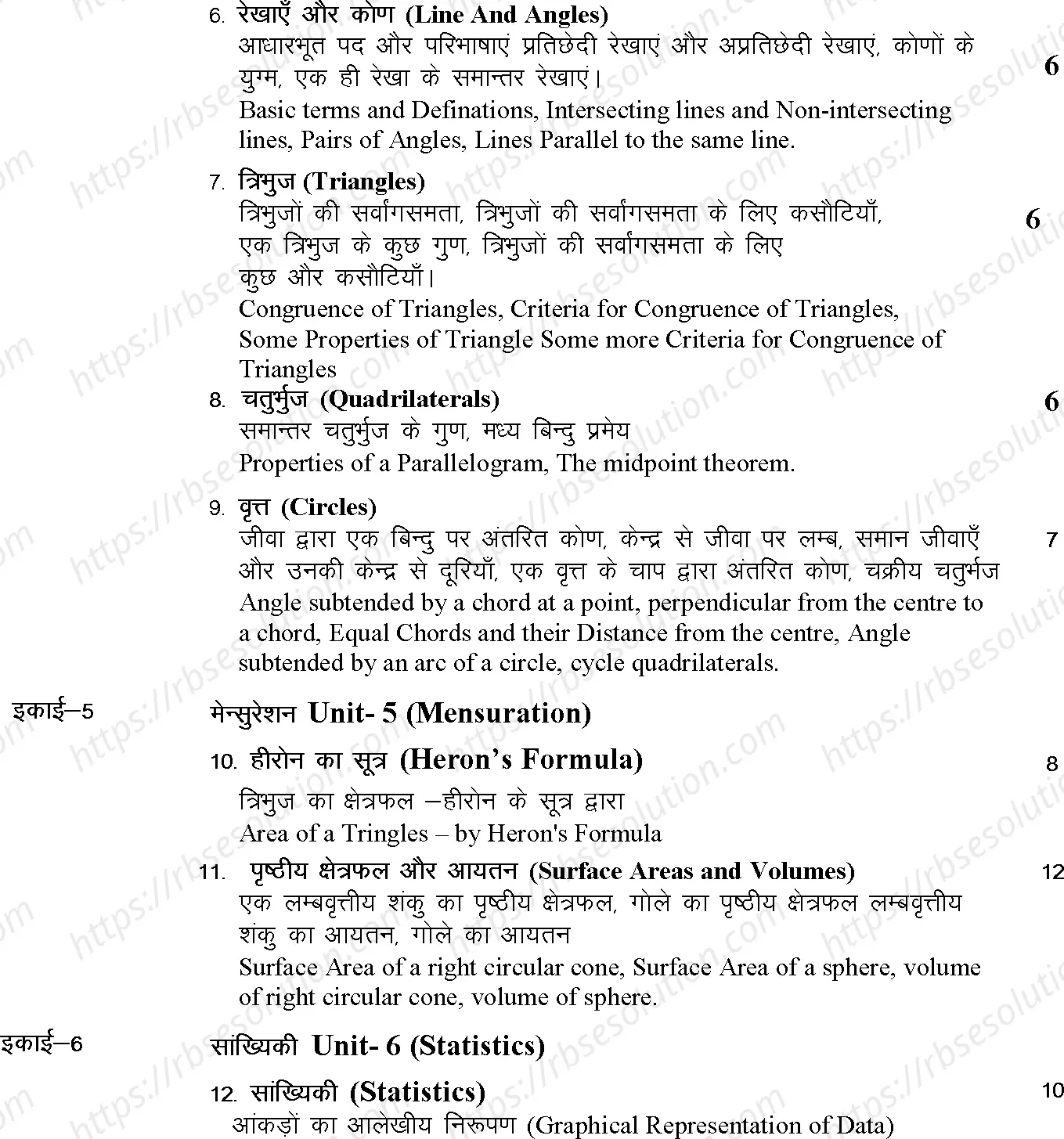 RBSE Class 9th 2024 Maths Syllabus 1